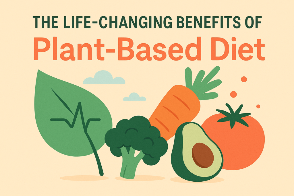 Illustration of vegetables like avocado, broccoli, and tomato representing the benefits of a plant-based diet.